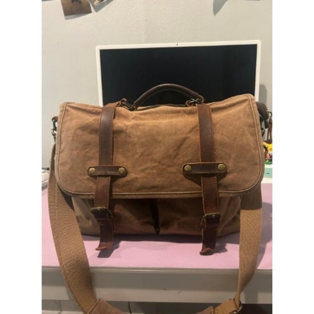 Mens Messenger Bag 15.6 Inch Waterproof Vintage Genuine Leather Waxed Canvas